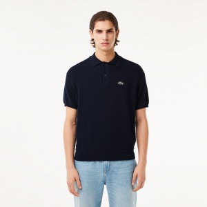 Men's Lacoste Organic Cotton Polo Sweater Navy Blue | RWQ427890