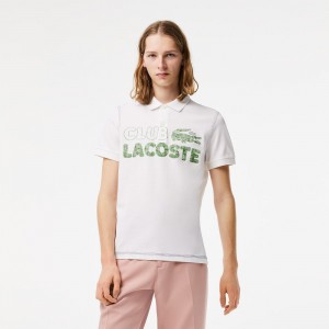 Men's Lacoste Organic Cotton Printed Polo Shirts White | LME310497