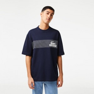 Men's Lacoste Oversize Fit Tennis Print T-Shirt Navy Blue | LJF758103