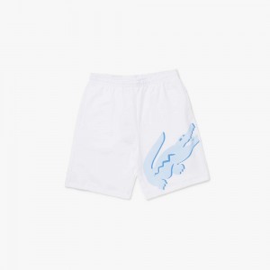 Men's Lacoste Oversized Crocodile Print Organic Cotton Fleece Shorts White | BOL683071