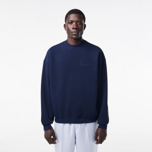 Men's Lacoste Oversized Double Face Piqué Sweatshirt Navy Blue | RYZ170653