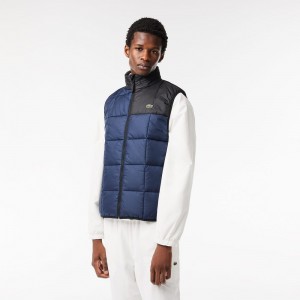 Men's Lacoste Packaway Hood Vest Navy Blue Black | YXA981624