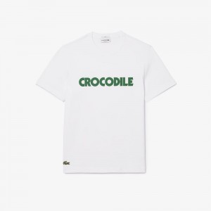 Men's Lacoste Piqué Effect Slogan Cotton Jersey T-Shirt White | DTL429730