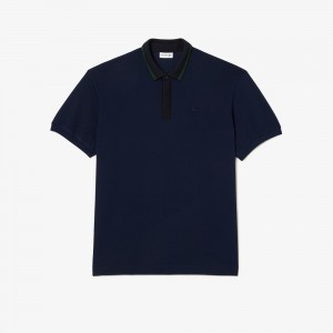 Men's Lacoste Plus Size - Big - Striped Piqué Collar Polo Shirts Navy Blue | KUA643852