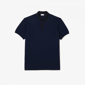 Men's Lacoste Plus Size - Tall - Striped Piqué Collar Polo Shirts Navy Blue | DFQ801793