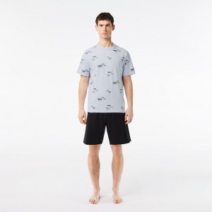 Men's Lacoste Print Top Set Pajamas Light Blue Black | STR504673