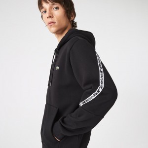 Men's Lacoste Printed Bands Zip-Up Hoodie Black | GPQ356804