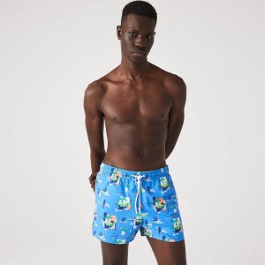 Men's Lacoste Printed Built-In Mesh Boxer Swim Trunks Blue White | WQS380251