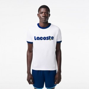 Men's Lacoste Printed Contrast Accent T-Shirt White Blue | HJY548067