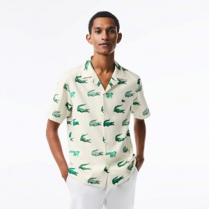 Men's Lacoste Printed Short-Sleeved Golf Shirt White | QUP413072