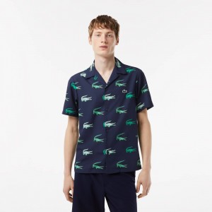 Men's Lacoste Printed Short-Sleeved Golf Shirt Navy Blue | UTY610824