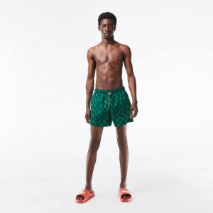 Men's Lacoste Printed Swim Trunks Green Khaki Green | YZO102986