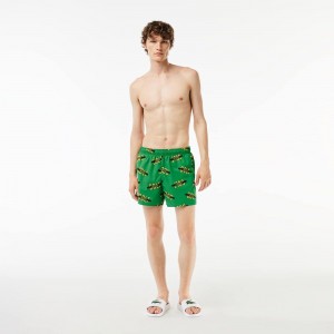 Men's Lacoste Printed Swim Trunks Green White | SOQ478963