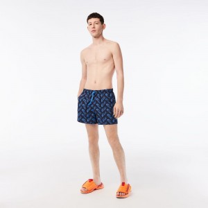 Men's Lacoste Printed Swim Trunks Navy Blue Blue | MKL103965