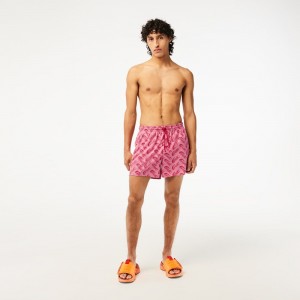 Men's Lacoste Printed Swim Trunks Red Pink | LOW387954