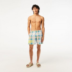 Men's Lacoste Quick-Dry Checked Swim Trunks White | TZC406732