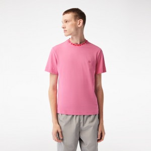 Men's Lacoste Regular Fit Branded Collar T-Shirt Bubblegum pink | PEL097645