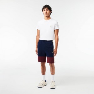 Men's Lacoste Regular Fit Brushed Fleece Colorblock Shorts Navy Blue Bordeaux White | DHJ241690