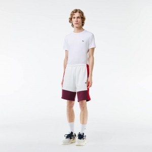 Men's Lacoste Regular Fit Brushed Fleece Colorblock Shorts White Red Bordeaux | JNC085192