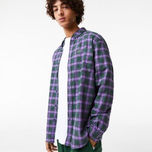 Men's Lacoste Regular Fit Check Print Flannel Shirt Green Purple Beige | TRB047258