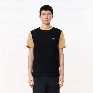 Men's Lacoste Regular Fit Colorblock Jersey T-Shirt Black Beige | OMR916054