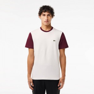 Men's Lacoste Regular Fit Colorblock Jersey T-Shirt White Bordeaux | HXJ235761