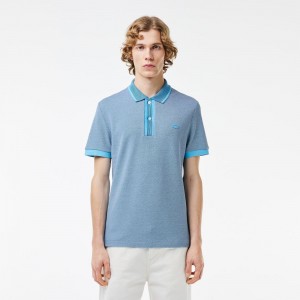 Men's Lacoste Regular Fit Contrast Collar Texturized Piqué Polo Shirts Blue White | EMC506238