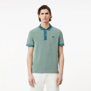 Men's Lacoste Regular Fit Contrast Collar Texturized Piqué Polo Shirts Green Blue White | EUD741095