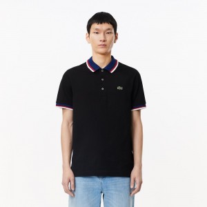 Men's Lacoste Regular Fit Contrast Collar Polo Shirts Black | XID723968