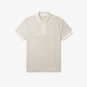 Men's Lacoste Regular Fit Contrast Collar Texturized Piqué Polo Shirts White Beige Light Blue | SFM638419