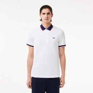 Men's Lacoste Regular Fit Contrast Collar Polo Shirts White | YNC860425