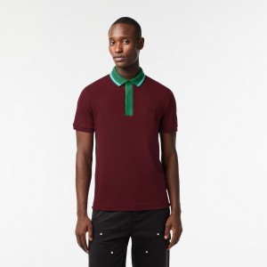 Men's Lacoste Regular Fit Contrast Neck Smart Paris Polo Shirts Bordeaux | CHT389067