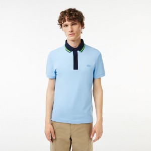 Men's Lacoste Regular Fit Contrast Neck Smart Paris Polo Shirts Pastel blue | ZHL970231