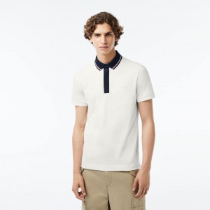 Men's Lacoste Regular Fit Contrast Neck Smart Paris Polo Shirts White | QKO172983