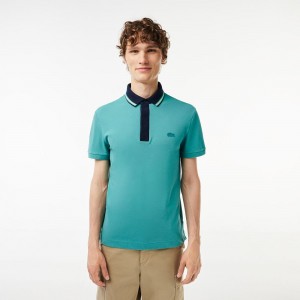 Men's Lacoste Regular Fit Contrast Neck Smart Paris Polo Shirts Blue | WXU806953