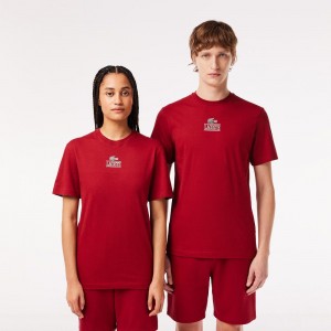 Men's Lacoste Regular Fit Cotton Jersey Branded T-Shirt Bordeaux | ONL357240