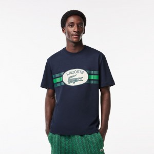 Men's Lacoste Regular Fit Cotton Monogram T-Shirt Navy Blue | WUL201485