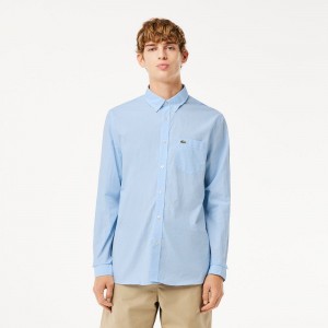 Men's Lacoste Regular Fit Gingham Poplin Shirt White Blue | NWC980634