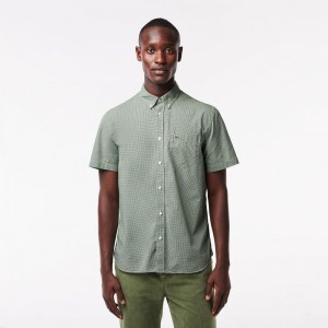 Men's Lacoste Regular Fit Gingham Print Shirt White Green | PVG235679