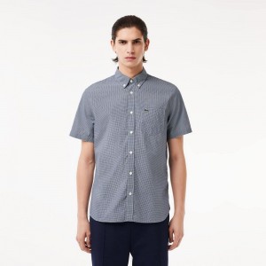 Men's Lacoste Regular Fit Gingham Print Shirt White Navy Blue | UOI183729