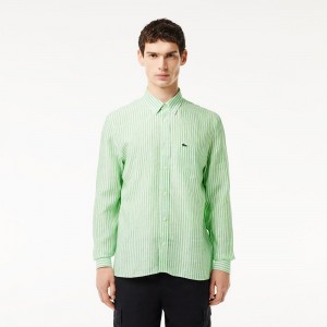 Men's Lacoste Regular Fit Linen Shirt White Green | JGV805397