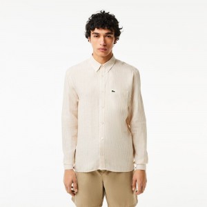 Men's Lacoste Regular Fit Linen Shirt White Beige | UGC650329