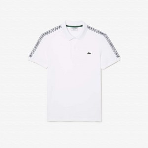 Men's Lacoste Regular Fit Logo Stripe Stretch Cotton Polo Shirts White | SUV489360