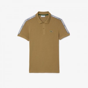 Men's Lacoste Regular Fit Logo Stripe Stretch Cotton Polo Shirts Brown | ULD456317