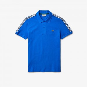 Men's Lacoste Regular Fit Logo Stripe Stretch Cotton Polo Shirts Blue | GIL938640