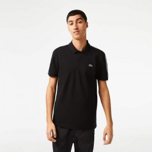 Men's Lacoste Regular Fit Logo Stripe Stretch Cotton Polo Shirts Black | XID870149