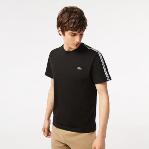 Men's Lacoste Regular Fit Logo Stripe T-Shirt Black | HUX632954