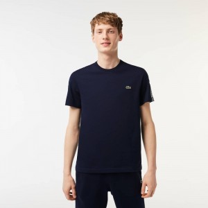 Men's Lacoste Regular Fit Logo Stripe T-Shirt Navy Blue | QZE326174