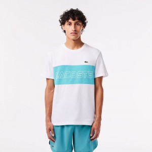 Men's Lacoste Regular Fit Printed Colorblock T-Shirt White Blue | DWV832674