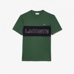 Men's Lacoste Regular Fit Printed Colorblock T-Shirt Dark Green Navy Blue | CES184365